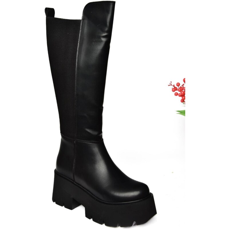 Fox Shoes R820060709 Black Thick Soled Women's Boots with Elastic Back Detail