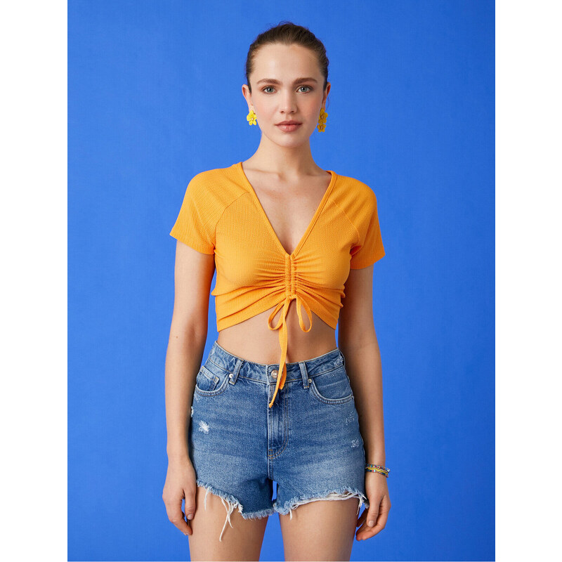 Koton Crop T-Shirt with Tie Detail V-Neck