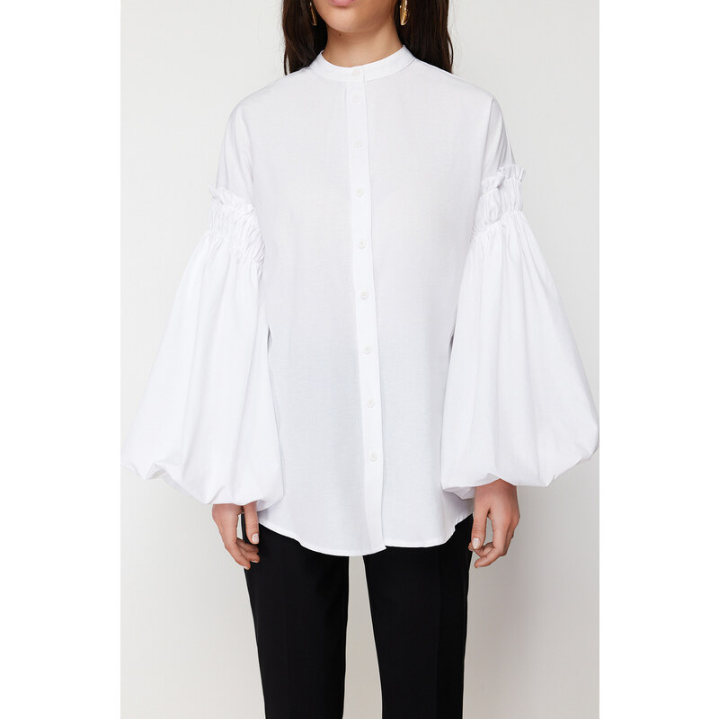 Trendyol White Balloon Sleeve Cotton Woven Shirt