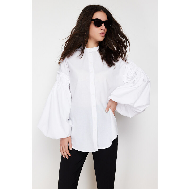 Trendyol White Balloon Sleeve Cotton Woven Shirt