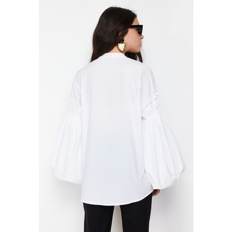 Trendyol White Balloon Sleeve Cotton Woven Shirt