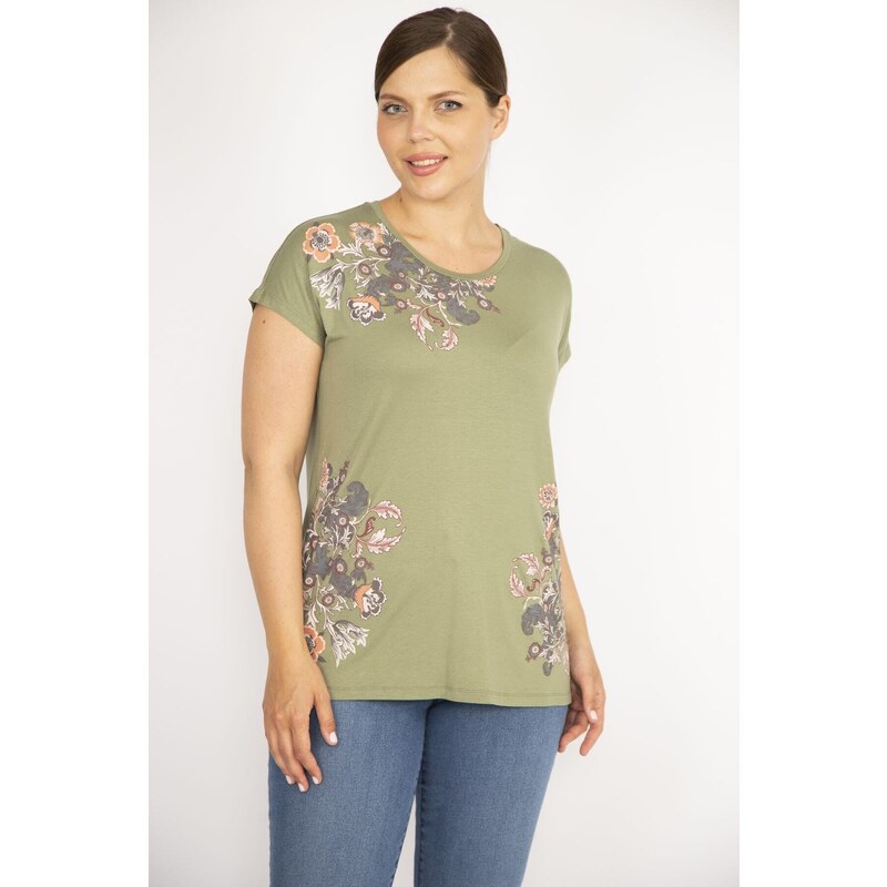 Şans Womens Khaki Plus Size Crew Neck Front Printed Short Sleeve 115723396