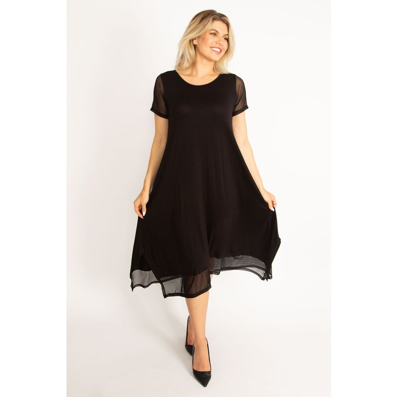 Şans Women's Plus Size Black Dress With Sleeves And Hem. Tulle Detailed With Slits In The Side