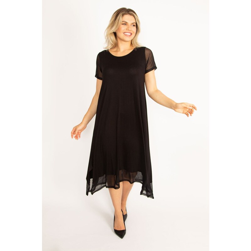 Şans Women's Plus Size Black Dress With Sleeves And Hem. Tulle Detailed With Slits In The Side