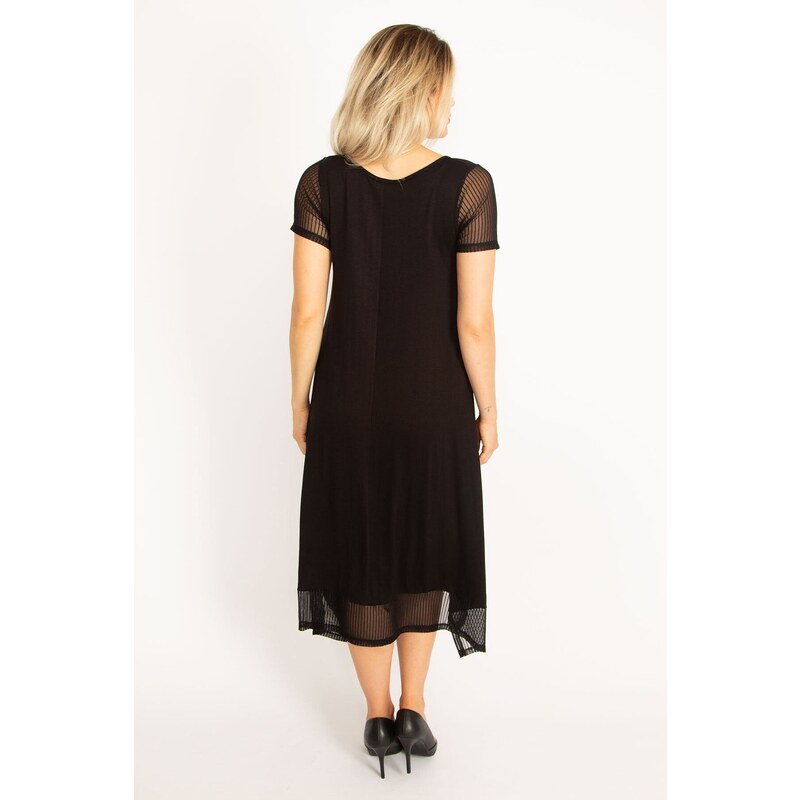 Şans Women's Plus Size Black Dress With Sleeves And Hem. Tulle Detailed With Slits In The Side