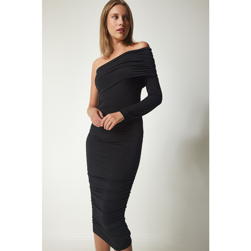 Happiness İstanbul Women's Black One-Shoulder Gathered Sandy Dress