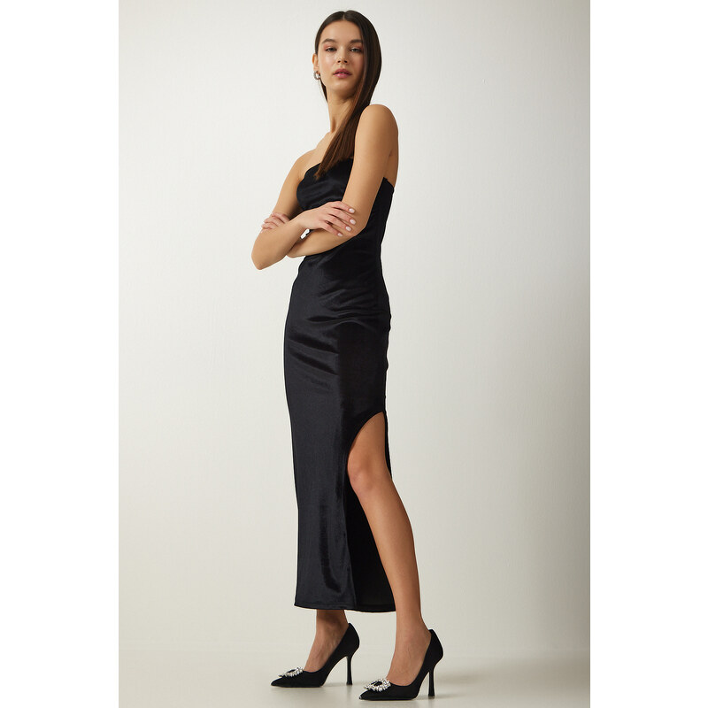 Happiness İstanbul Women's Black Strapless Neck Slit Elegant Velvet Dress