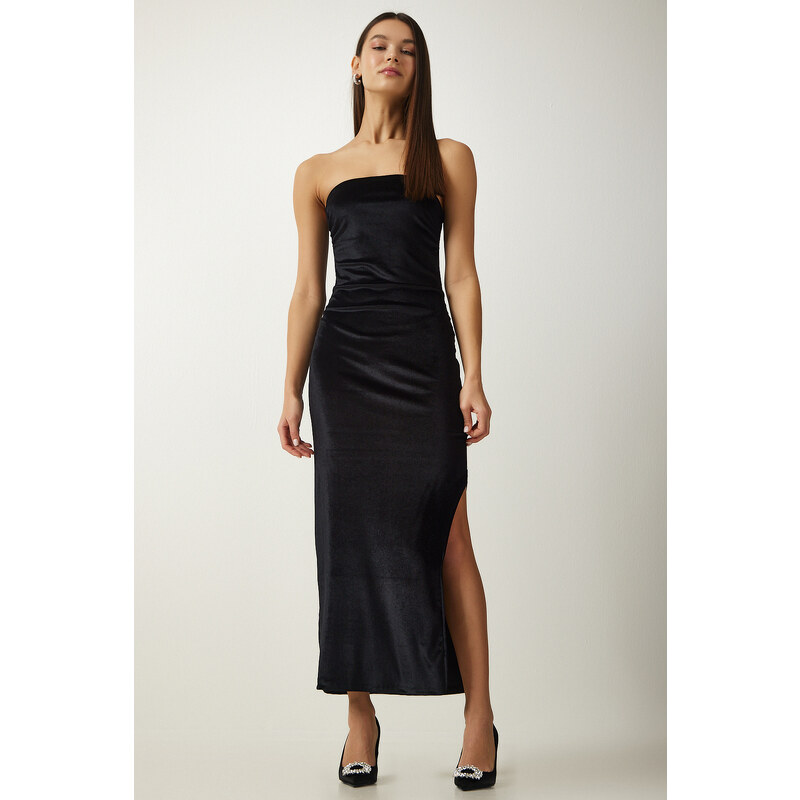 Happiness İstanbul Women's Black Strapless Neck Slit Elegant Velvet Dress