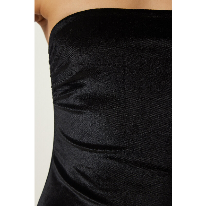 Happiness İstanbul Women's Black Strapless Neck Slit Elegant Velvet Dress