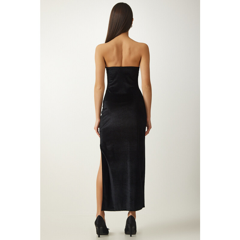 Happiness İstanbul Women's Black Strapless Neck Slit Elegant Velvet Dress