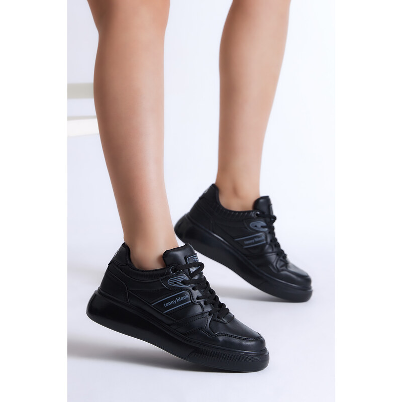 Tonny Black Women's Black and White Black Poly Sole Side Tape Lace Up Sneaker