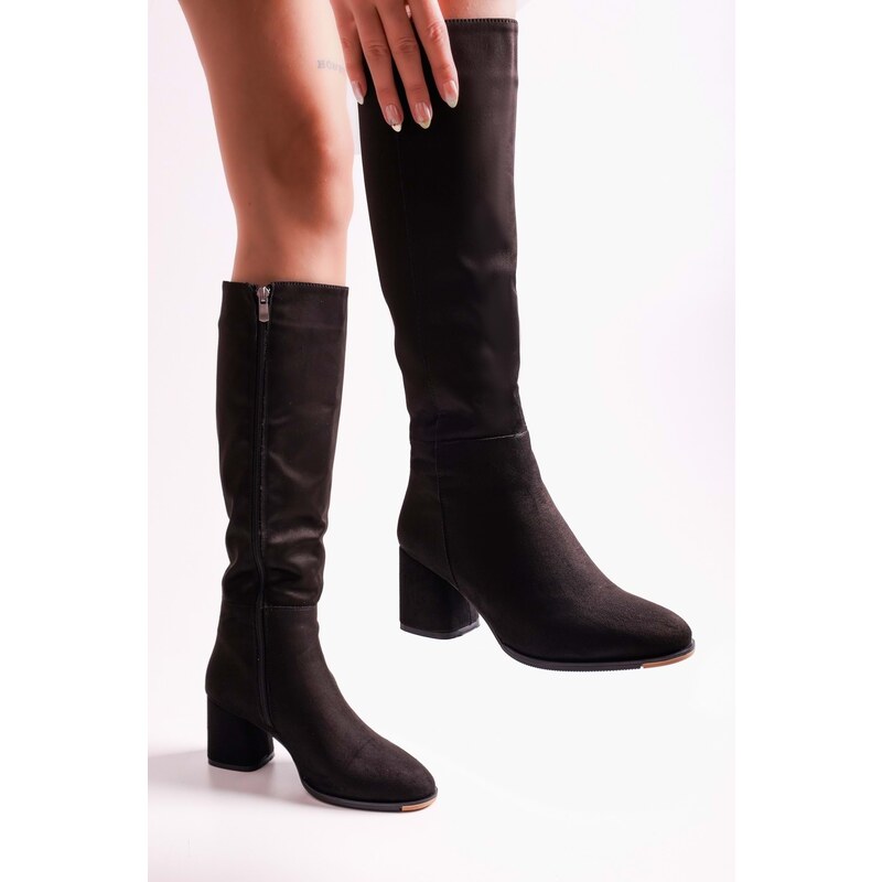 Shoeberry Women's Kiella Black Suede Heeled Boots, Black Suede