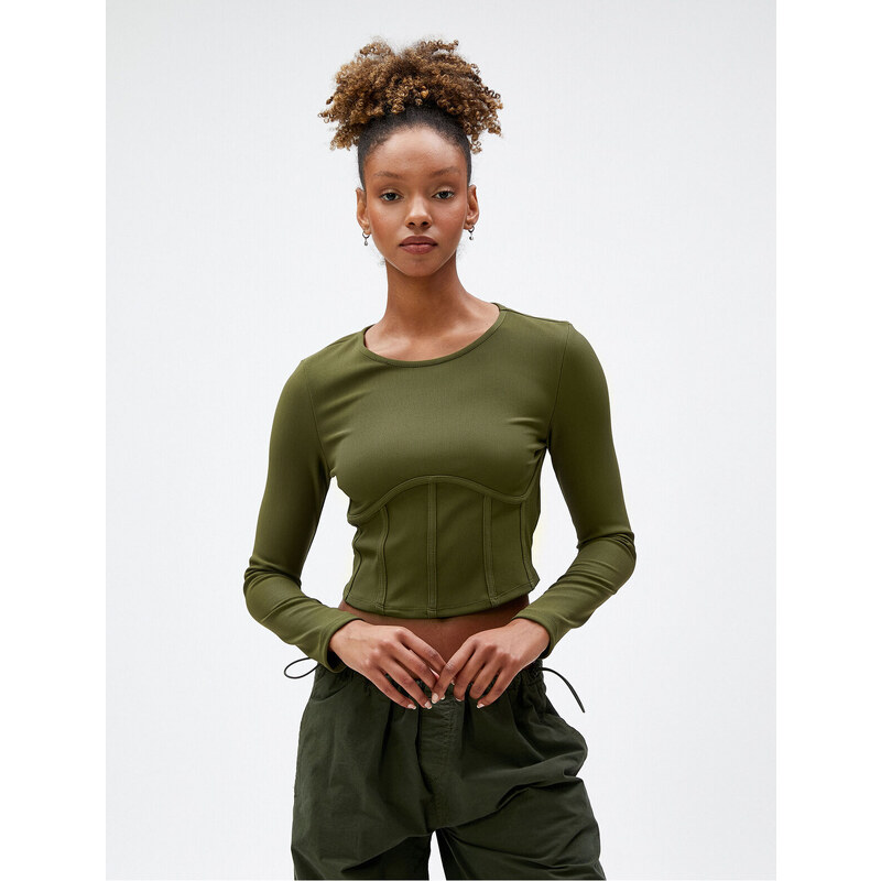 Koton Long Sleeve T-Shirt Crop Waist Corset Crew Neck