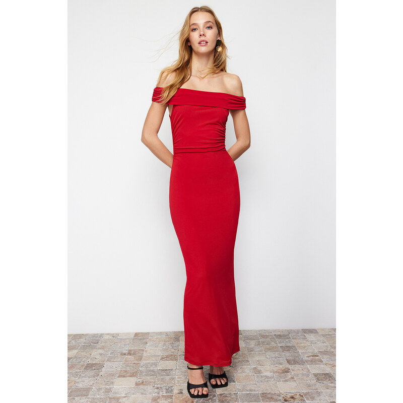 Trendyol Red Maxi Fitted Carmen Collar Flexible Knitted Maxi Dress