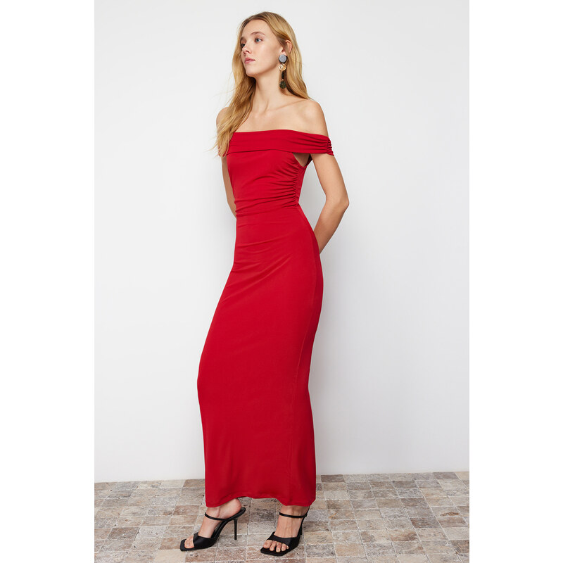 Trendyol Red Maxi Fitted Carmen Collar Flexible Knitted Maxi Dress