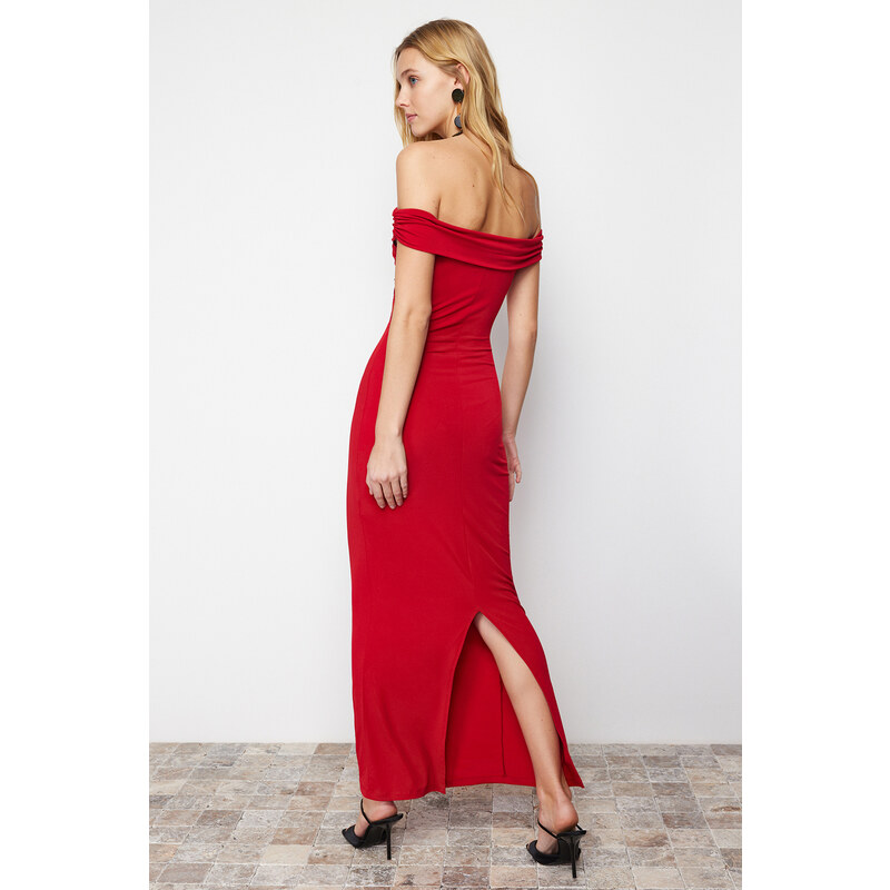 Trendyol Red Maxi Fitted Carmen Collar Flexible Knitted Maxi Dress