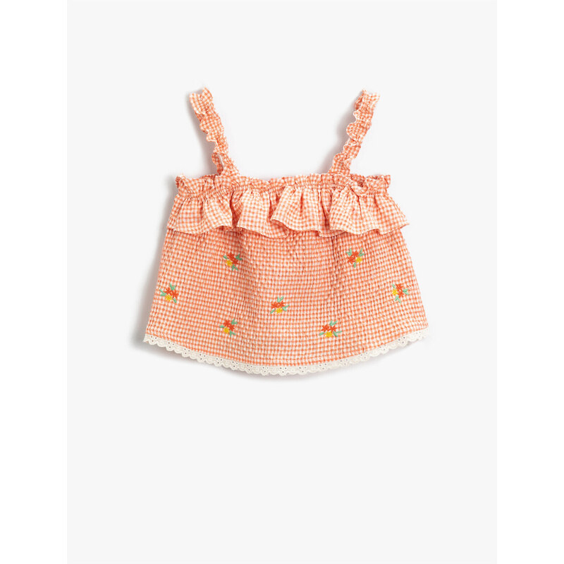 Koton Floral Embroidered Gingham Dress with Ruffled Straps