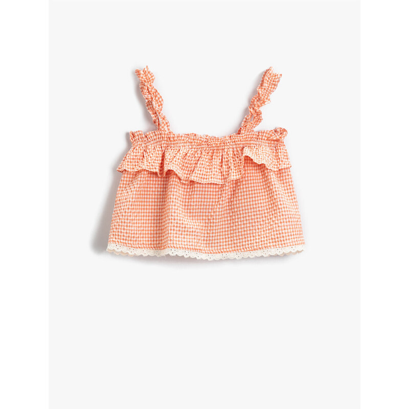 Koton Floral Embroidered Gingham Dress with Ruffled Straps