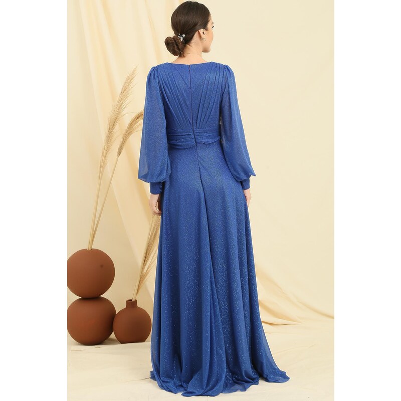 By Saygı Double Breasted Collar Sleeves Buttoned Lined Silvery Long Dress