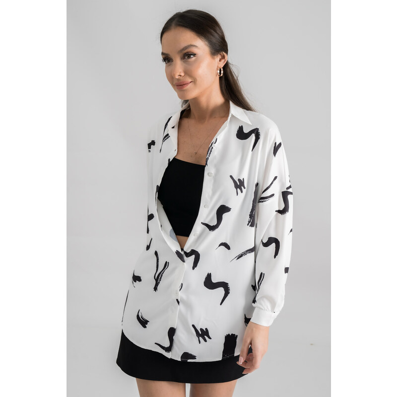 armonika Women's Black and White Patterned Oversize Long Basic Shirt