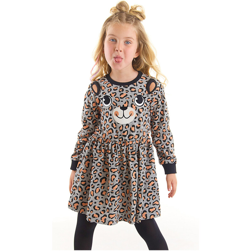 Denokids Leopard Patterned Gray Girls' Dress