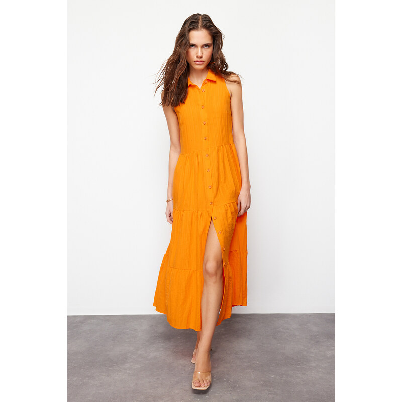 Trendyol Orange Waist Opening Woven Maxi Shirt Dress