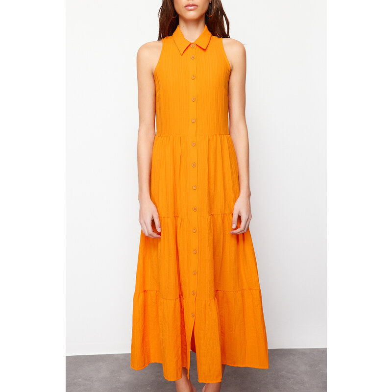 Trendyol Orange Waist Opening Woven Maxi Shirt Dress