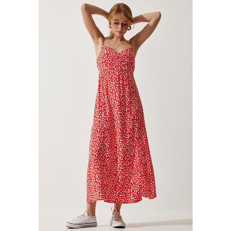 Happiness İstanbul Womens Red Strap Patterned Viscose Dress 107261618