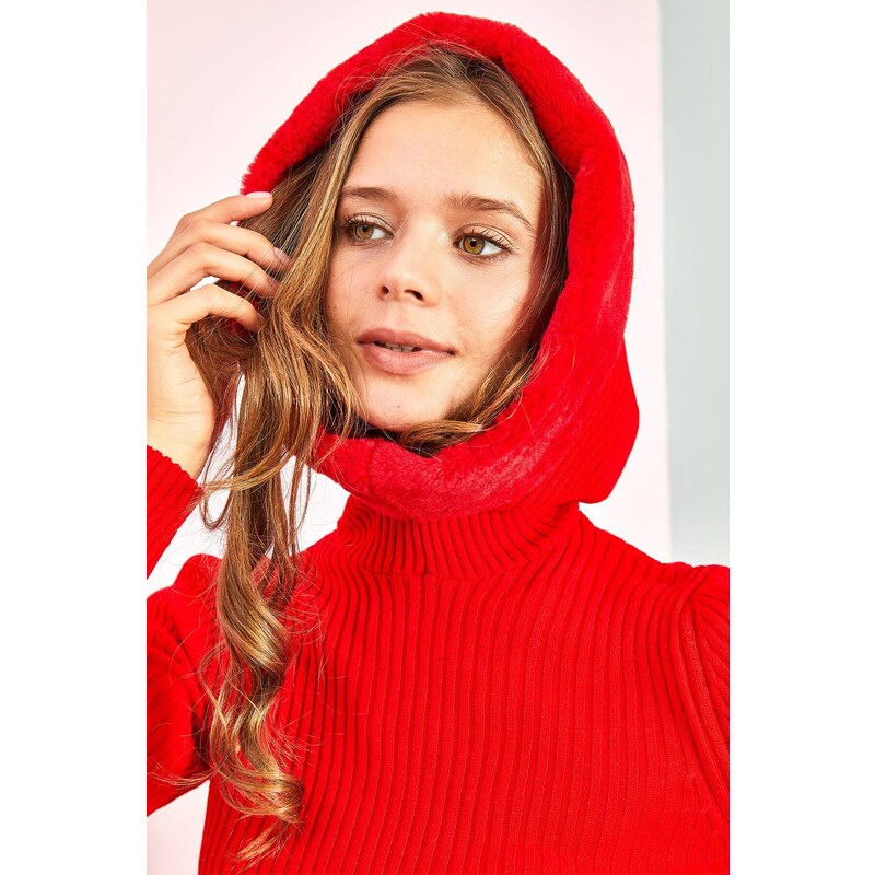 Bianco Lucci Women's Faux Shearling Hooded Knitwear Sweater