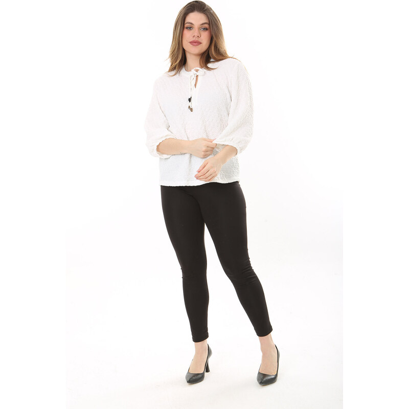 Şans Women's Plus Size Bone Self Patterned Seersucker Collar Laced Capri Sleeve Blouse