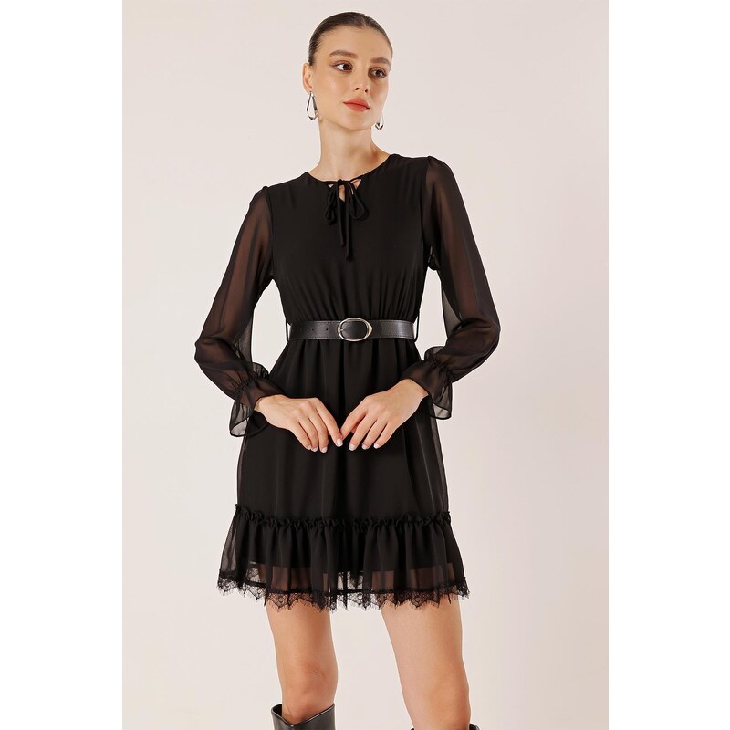 By Saygı Lace Chiffon Dress With Tie Collar Waist Belt Lined Skirt