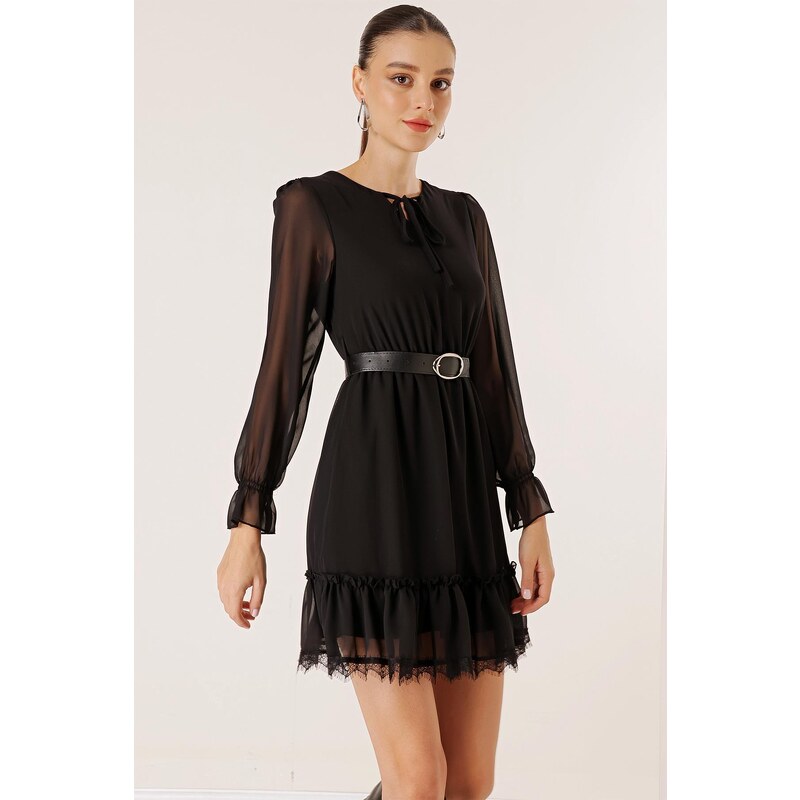 By Saygı Lace Chiffon Dress With Tie Collar Waist Belt Lined Skirt