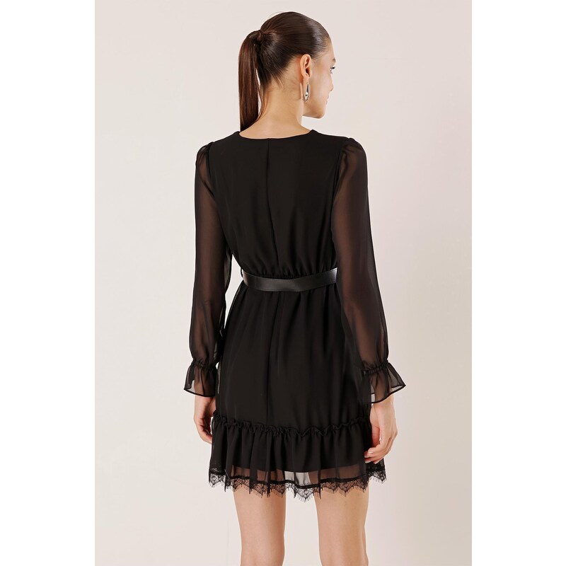 By Saygı Lace Chiffon Dress With Tie Collar Waist Belt Lined Skirt