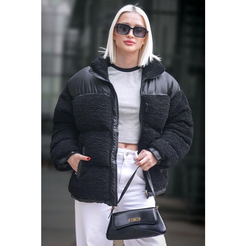 Madmext Black Plush Oversized Coat