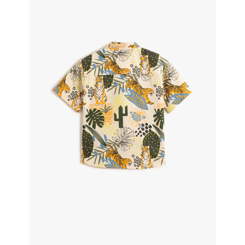 Koton Safari Shirt with Short Sleeves, Capped Pockets, Tiger Print Cotton