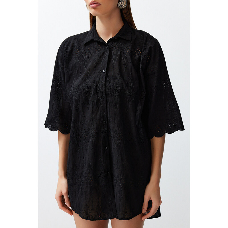 Trendyol Black Woven Embroidered 100% Cotton Shirt