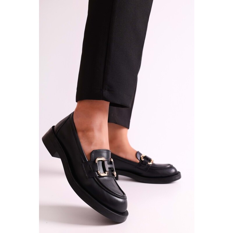 Shoeberry Women's Solea Black Skin Buckle Loafer Black Skin