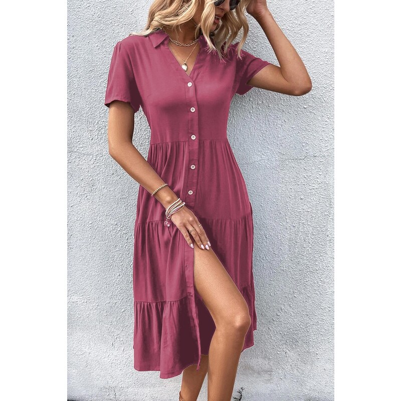 Madmext Burgundy Shirt Collar Long Dress