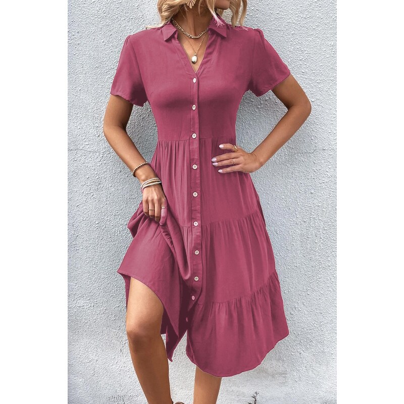 Madmext Burgundy Shirt Collar Long Dress