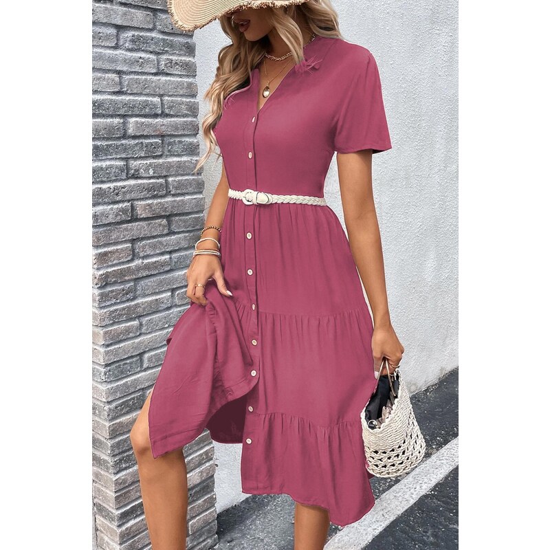 Madmext Burgundy Shirt Collar Long Dress