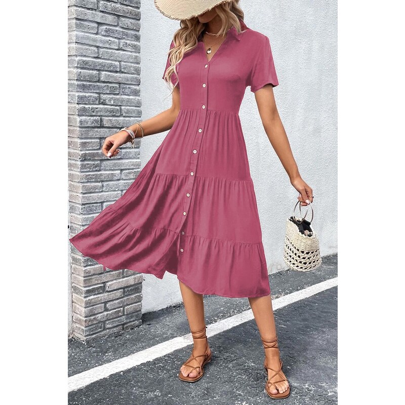 Madmext Burgundy Shirt Collar Long Dress