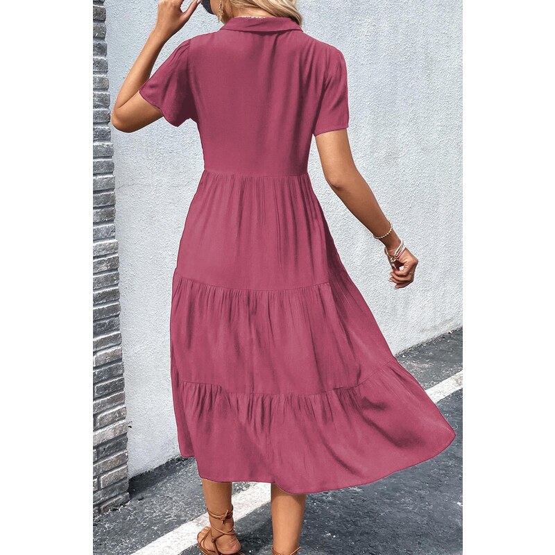 Madmext Burgundy Shirt Collar Long Dress