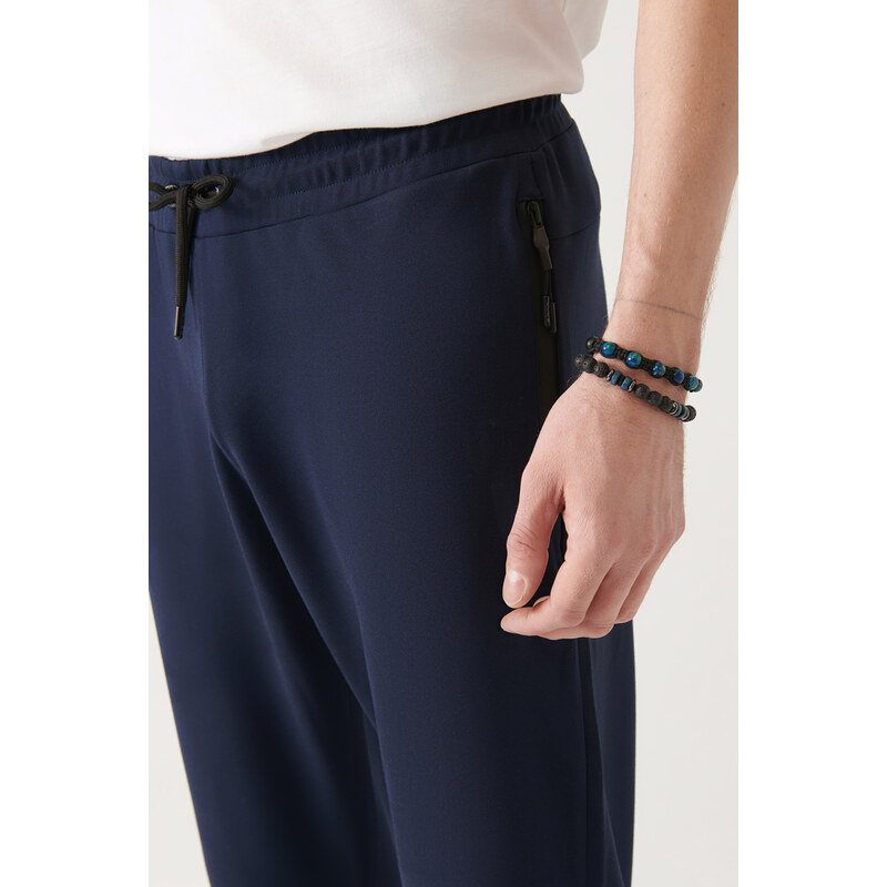 Avva Men's Navy Blue Laced Side Pockets Regular Fit Jogger Sweatpants with Elastic Leg
