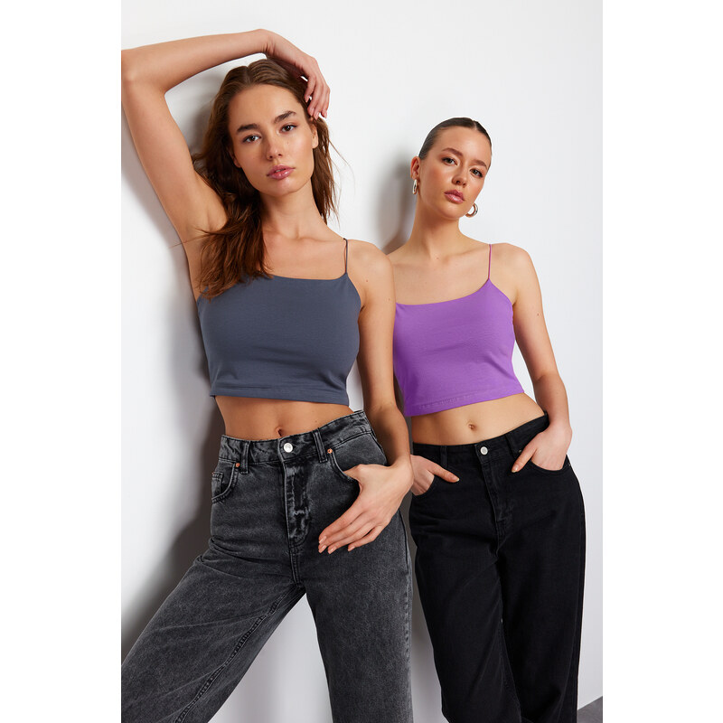 Trendyol Anthracite-Purple 2-Pack Cotton Spaghetti Strappy Crop Stretchy Knitted Undershirt