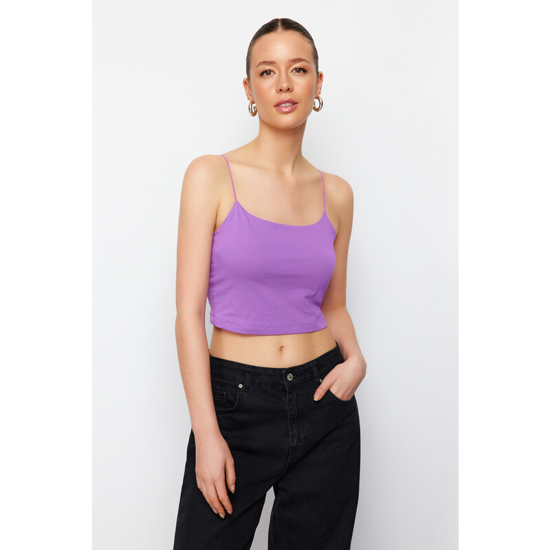 Trendyol Anthracite-Purple 2-Pack Cotton Spaghetti Strappy Crop Stretchy Knitted Undershirt
