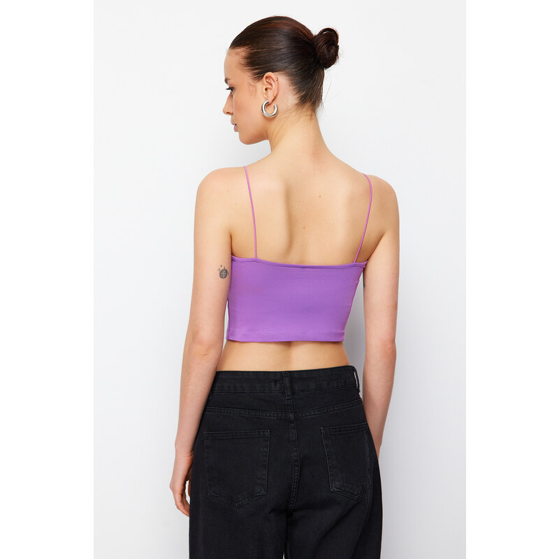 Trendyol Anthracite-Purple 2-Pack Cotton Spaghetti Strappy Crop Stretchy Knitted Undershirt