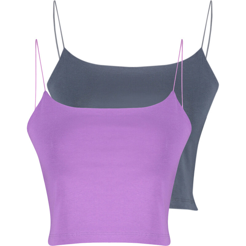 Trendyol Anthracite-Purple 2-Pack Cotton Spaghetti Strappy Crop Stretchy Knitted Undershirt