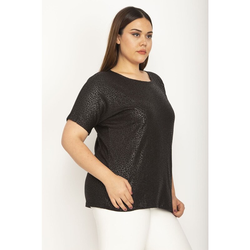 Şans Women's Plus Size Black Flocked Fabric Patterned Low-Sleeve Blouse