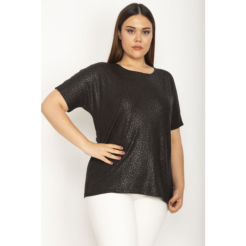 Şans Women's Plus Size Black Flocked Fabric Patterned Low-Sleeve Blouse