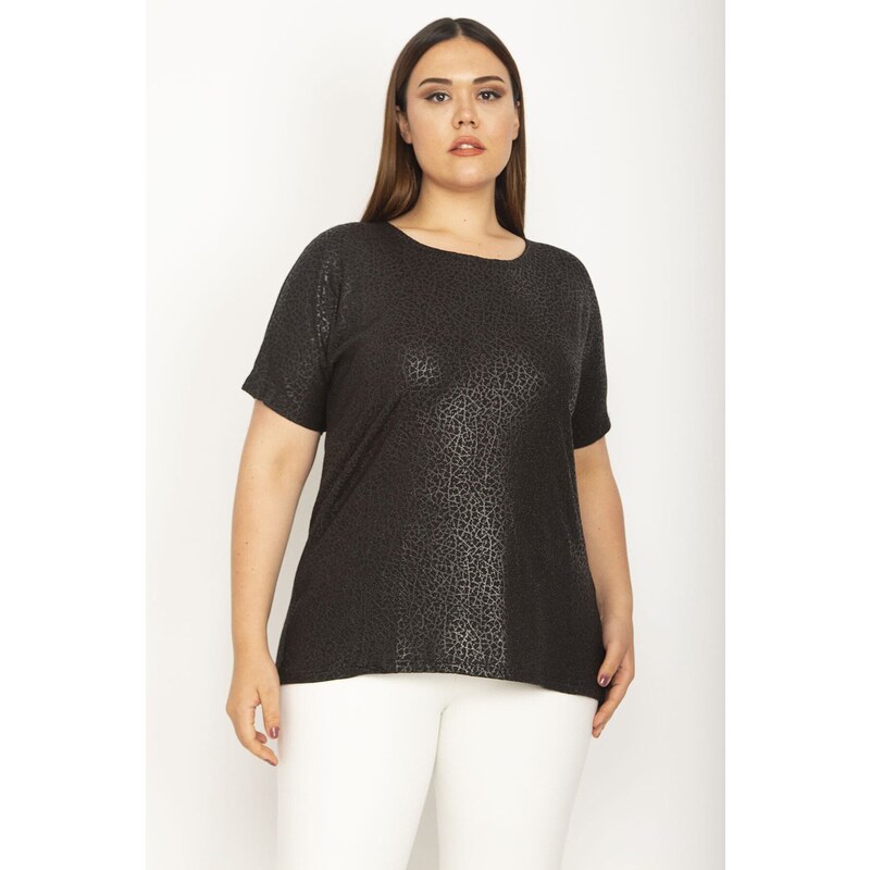 Şans Women's Plus Size Black Flocked Fabric Patterned Low-Sleeve Blouse